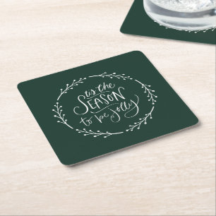 Tis the season white wreath green square paper coaster