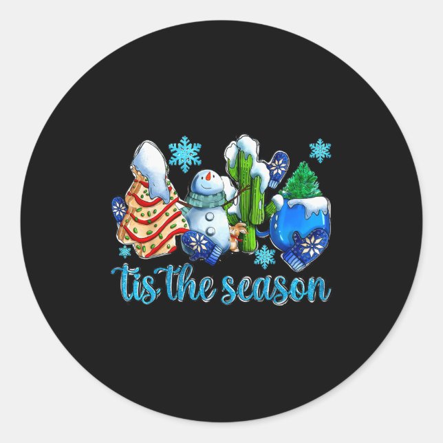 Tis The Season Winter And Snowman Christmas Family Classic Round Sticker (Front)