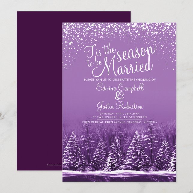 Tis the season winter wedding purple pine lake invitation (Front/Back)