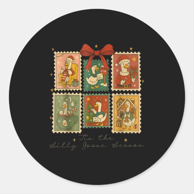 Tis The Silly Goose Season Christmas Stamps Retro  Classic Round Sticker (Front)