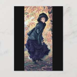 Tissot October Woman Black Dress Fall Orange Leaf Postcard