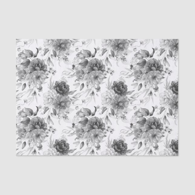Tissue Paper (3) Sm Pattern Black & White Peonies (Front)