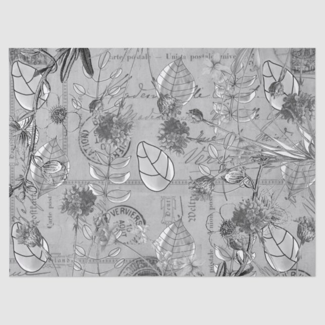 Tissue Paper Decoupage B/W Floral Leaves Postcard (Front)