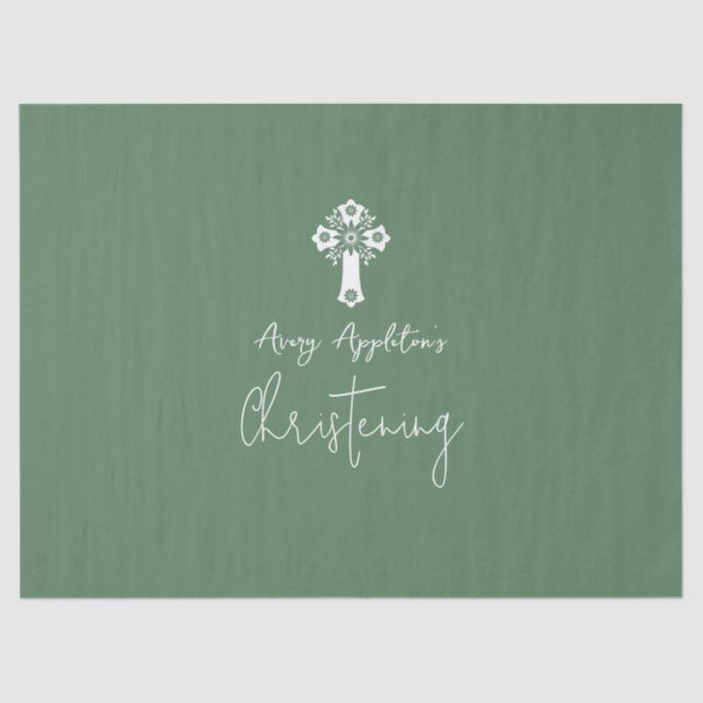 Tissue Paper Floral Cross Christening Fern Green (Front)