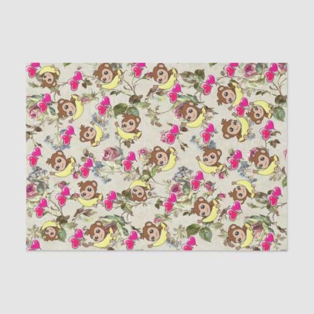 Tissue Paper Monkeys Bananas Pink Hearts Floral (Front)