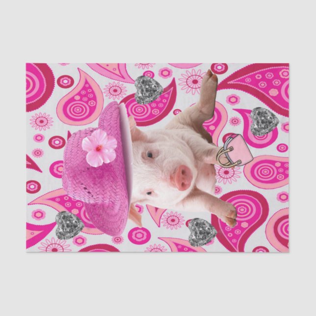 Tissue Paper Pink Pig, Silver Hearts, Paisley (Front)