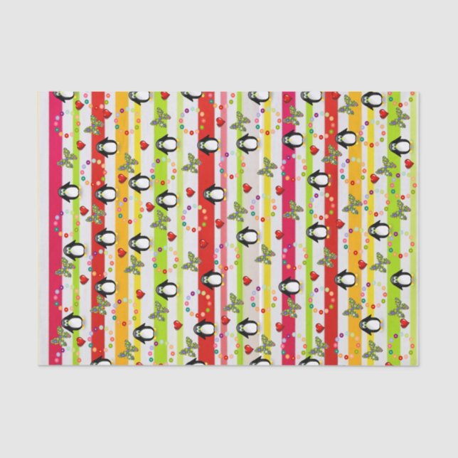 Tissue Paper Stripe Penguin Red Hearts (Front)