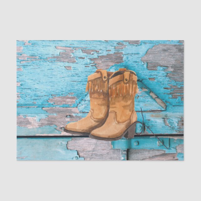 Tissue Paper Wrapping Blue Wood Barn Door Boots (Front)