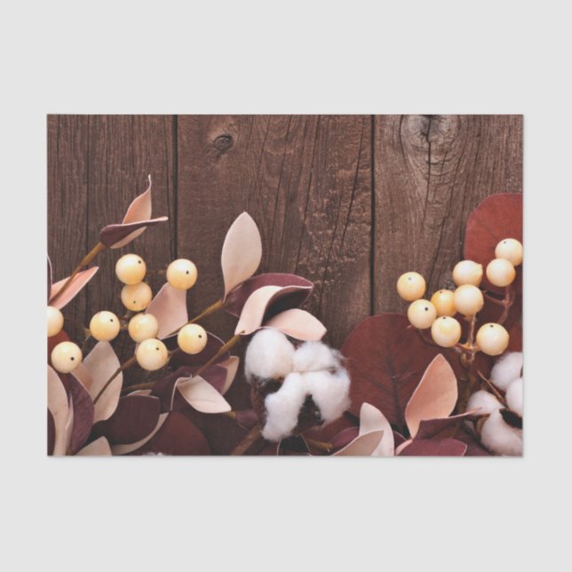 Tissue Paper Wrapping Cotton Branch on Dark Wood S (Front)