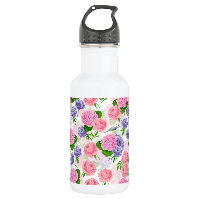 Tit bird and flowers 532 ml water bottle (Front)