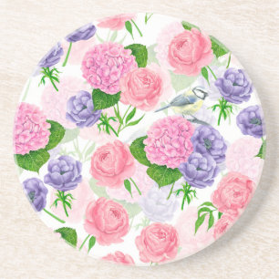 Tit bird and flowers coaster