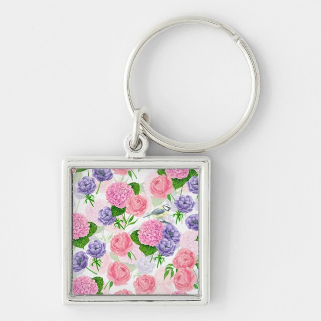 Tit bird and flowers key ring (Front)