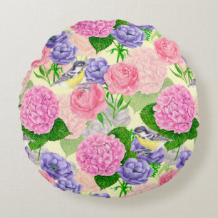 Tit bird and flowers round cushion