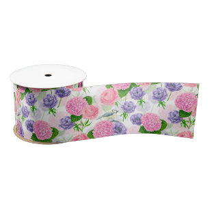 Tit bird and flowers satin ribbon