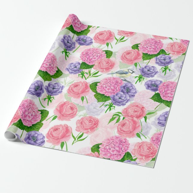 Tit bird and flowers wrapping paper (Unrolled)