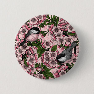 Tit birds in the lilac garden 6 cm round badge