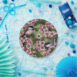 Tit birds in the lilac garden paper plate