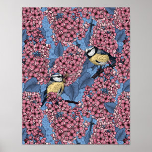 Tit birds in the lilac garden poster