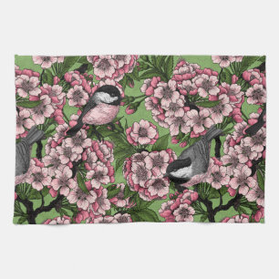 Tit birds in the lilac garden tea towel