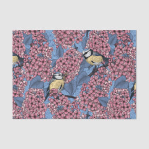 Tit birds in the lilac garden tissue paper