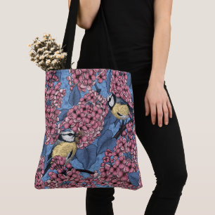 Tit birds in the lilac garden tote bag