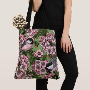 Tit birds in the lilac garden tote bag