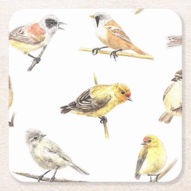 Tit birds pattern square paper coaster (Front)