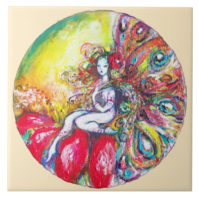 TITANIA SITTING ON A RED FLOWER Fantasy Ivory Tile (Front)