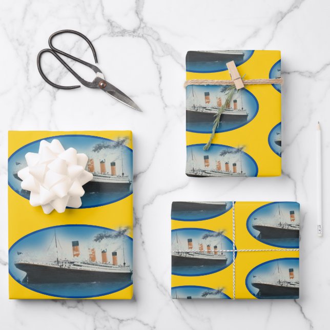 Titanic Birthday Yellow White Star Line Ship Wrapping Paper Sheet (Front)