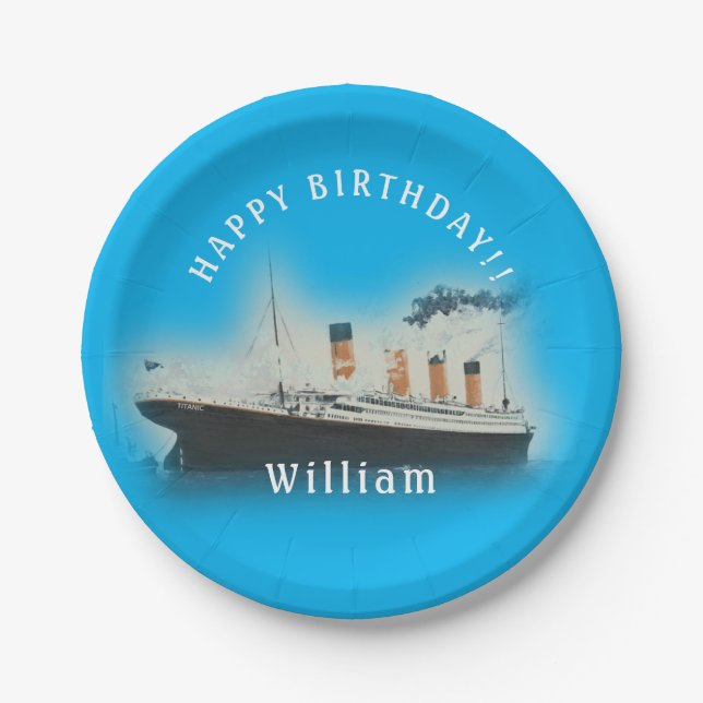 Titanic Blue Birthday White Star Line Ship Paper Plate (Front)