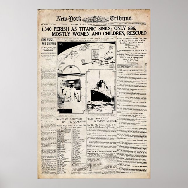 Titanic New York Tribune Newspaper Reprint Poster (Front)