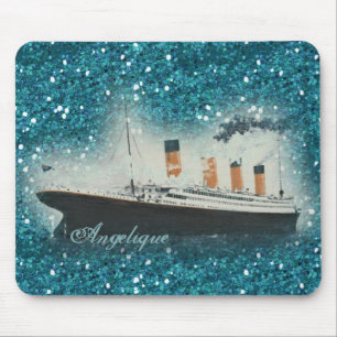 Titanic Ocean Liner Blue Glitter Glam Ombre Name Mouse Mat