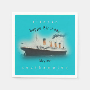 Titanic Ship Happy Birthday Name Aqua Teal Napkin