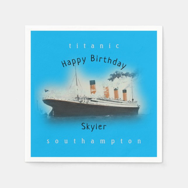 Titanic Ship Happy Birthday Name Ocean Blue Napkin (Front)