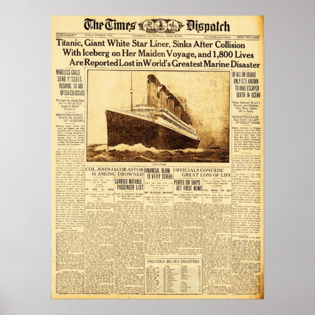 Titanic Sinks After Collision With Iceberg 1912 Poster (Front)