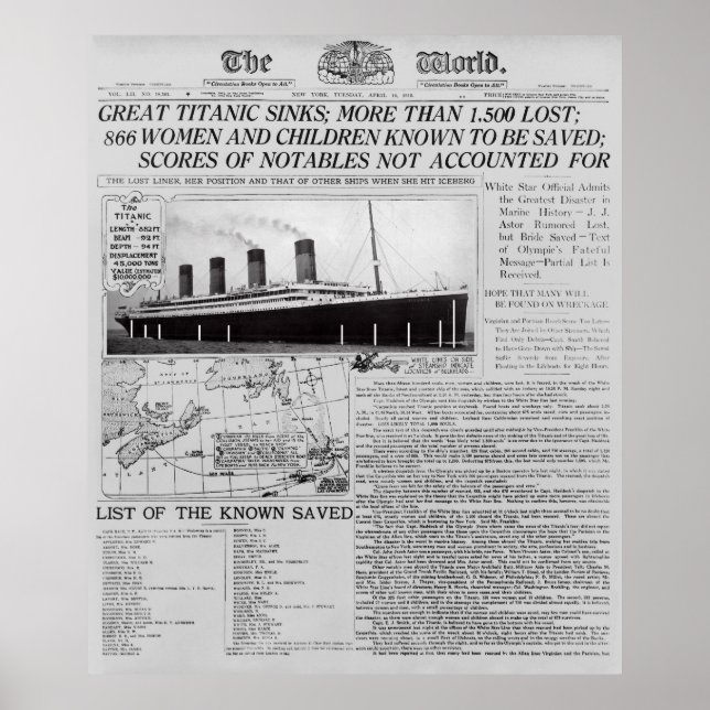 TITANIC SINKS - Frontpage News Worldwide 1912 Poster (Front)