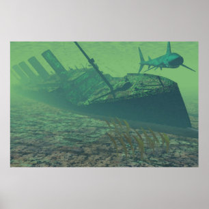 titanic under water, green-blue, poster