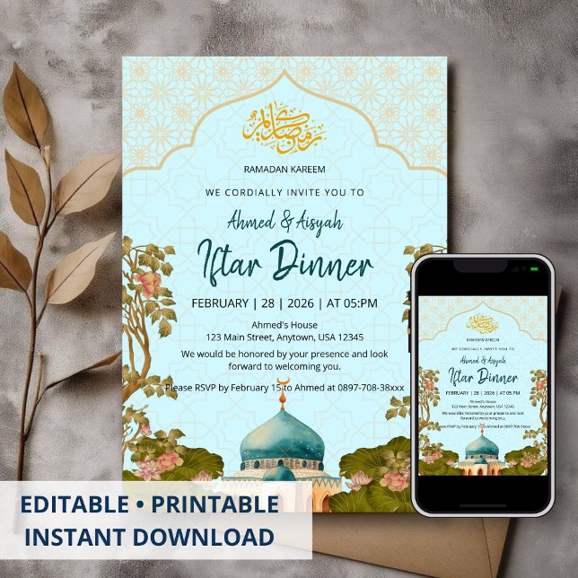 Title Blue Floral Arch Mosque Watercolor Iftar Invitation (Creator Uploaded)