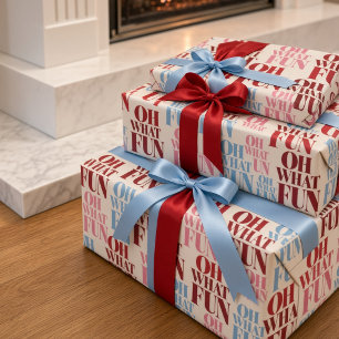 Title: Bold Oh What Fun Typography Pink Blue Wrapping Paper