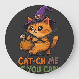Title Cat-Ch Me If You Can – Funny Halloween Cat Large Clock