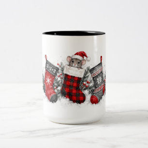 Title: Christmas Mouse in Buffalo Plaid Stocking Two-Tone Coffee Mug