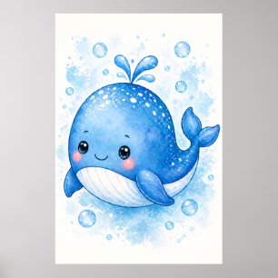 Title Cute Blue Whale Watercolor Nursery Art Poster