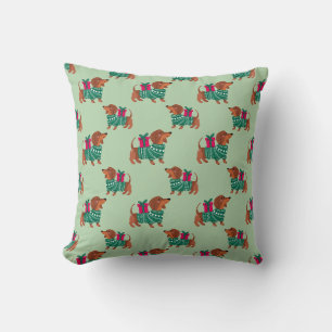 Title Cute Christmas Dachshund in Sweater Sage Gre Cushion
