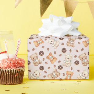 Title Cute Coffee and Doughnuts Bear Seamless Patt Wrapping Paper