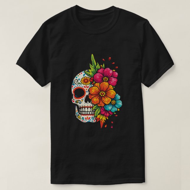 Title: Día de los Muertos Floral Skull T-Shirt (Design Front)