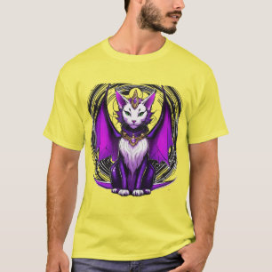 Title: Dragon Cat Wizard – Black, White & Purple T-Shirt