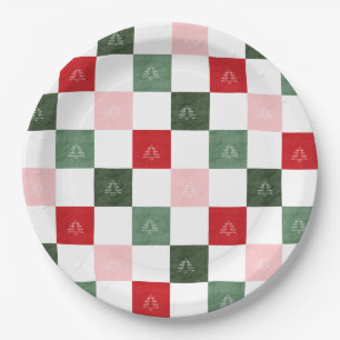Title Evergreen Tree Chequered Pattern Rustic C Paper Plate