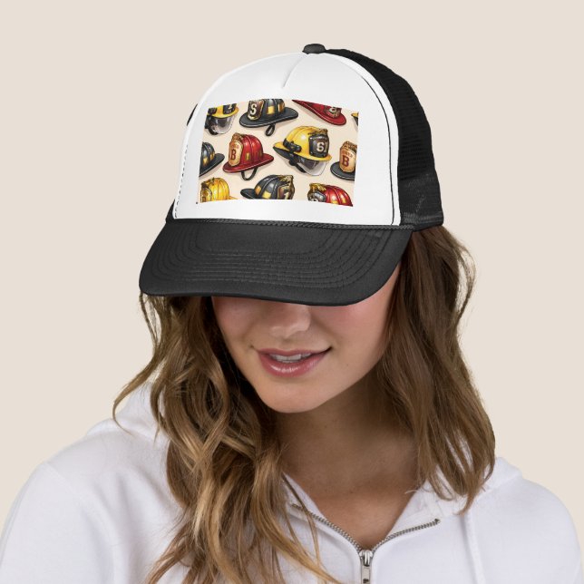 Title firefighter helmet pattern fire station depa trucker hat (In Situ)
