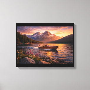 Title  Golden Mountain Lake Sunset with Wooden Boa Canvas Print