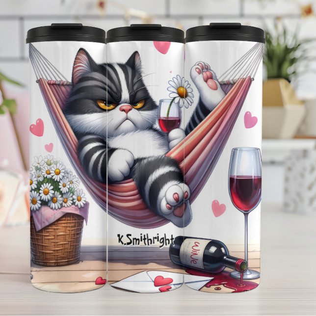 Title: Grumpy Cat in Hammock with Wine Thermal Tumbler (Creator Uploaded)